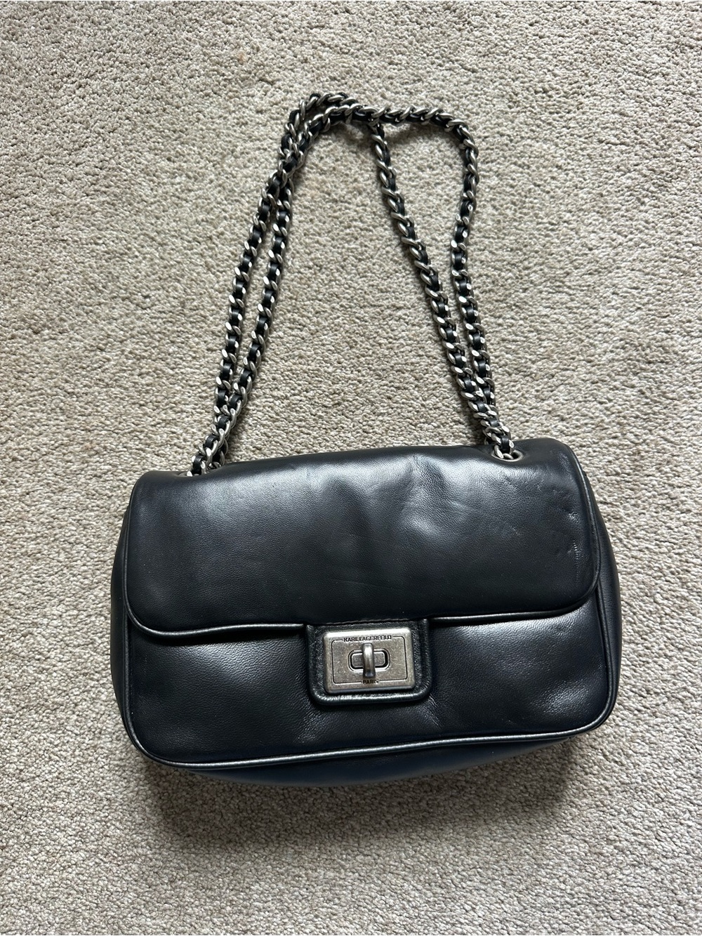 Karl Lagerfeld Paris Agyness Black Silver Hardware Chain Leather Shoulder Bag